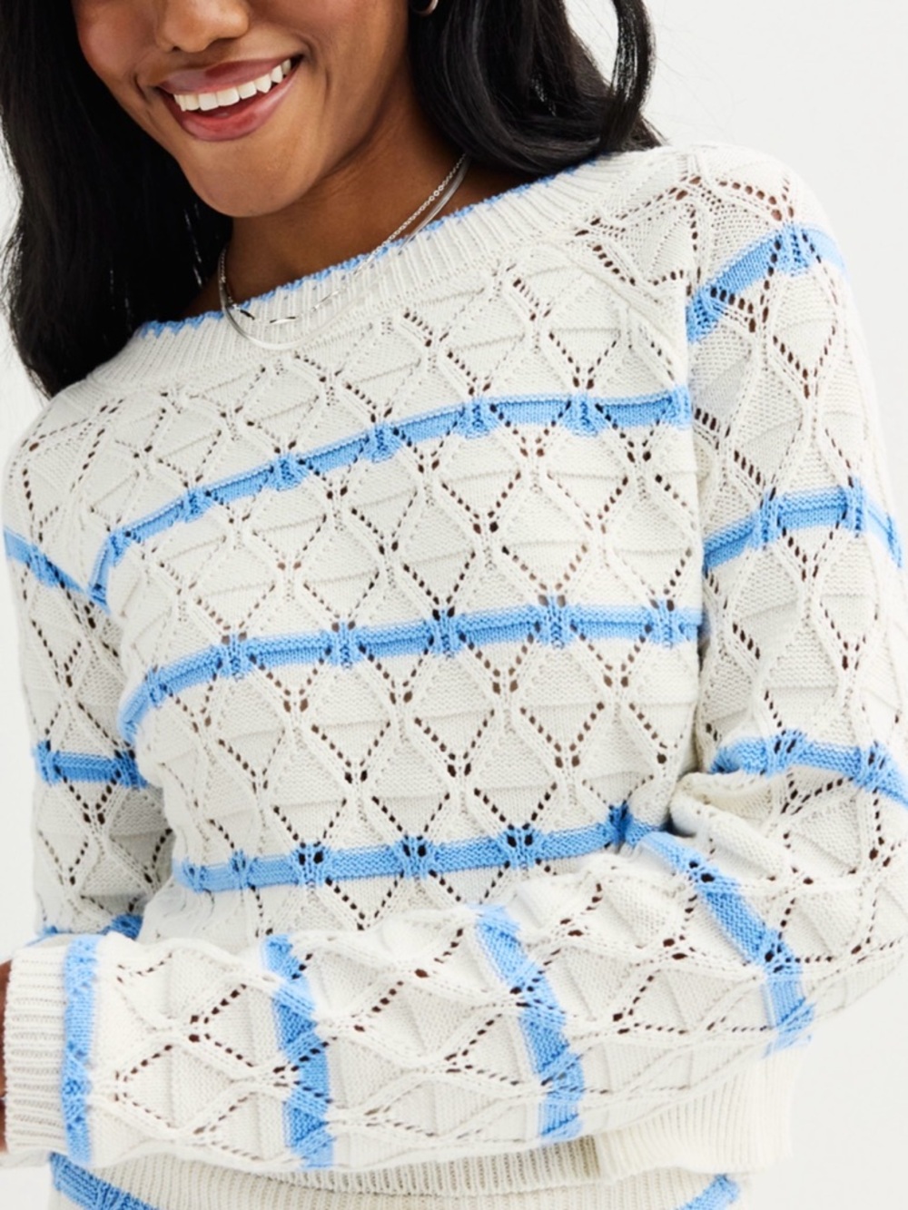 Coastal Blue White Striped Open Knit Cropped Sweater L